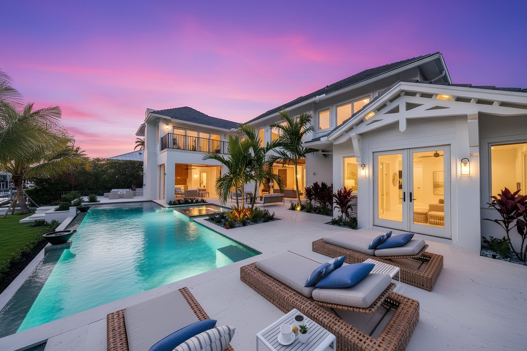 Virtual Twilights pink-sunset example on a modern pool home
